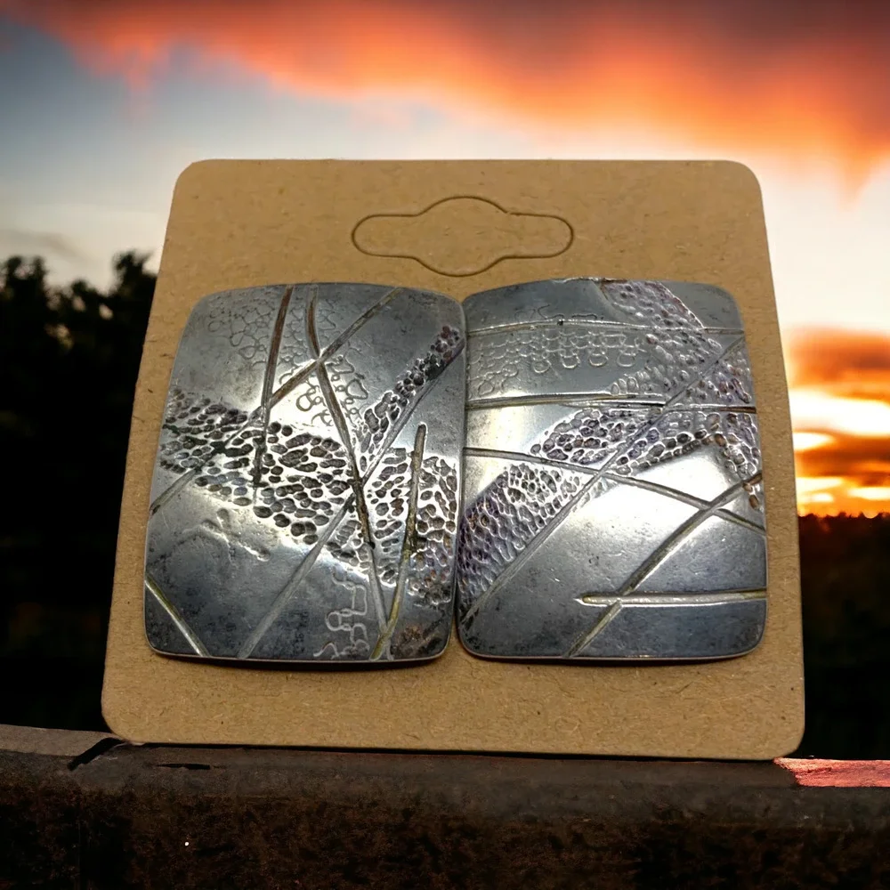 Vintage Modernist Incised Artisan Earrings Pierced Rectangle Sterling Silver DG
